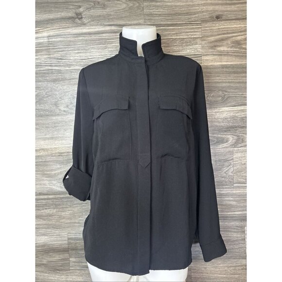CATHERINE MALANDRINO Button Top Size M Basic Black Collar Roll Tab Sleeve Blouse - Picture 4 of 9